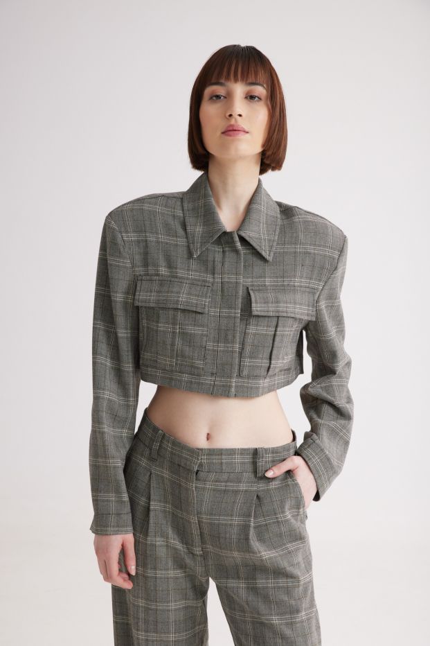 Scottish Checked Cropped Blazer Grey